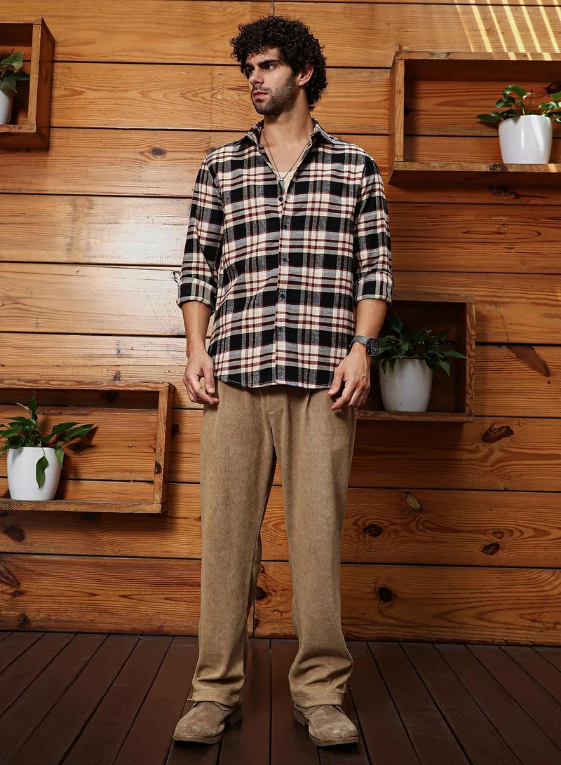 كامبوس سوترا Men's Midnight Black & Buff Beige Dark-Plaid Relaxed Shirt