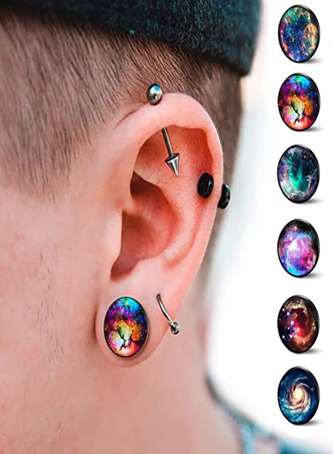 SIISPRI 6Pairs Galaxy Mens Earrings Set Hypoallergenic Surgical Stainless Steel Round Circle Button Stud Post Earrings 10MM, Stainless Steel, No Gemstone - Image 2