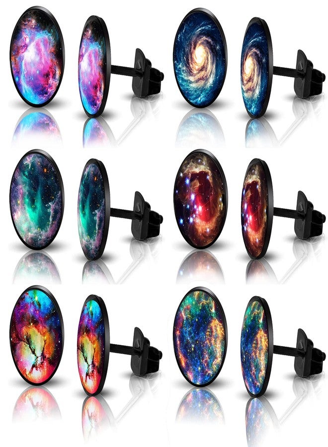 SIISPRI 6Pairs Galaxy Mens Earrings Set Hypoallergenic Surgical Stainless Steel Round Circle Button Stud Post Earrings 10MM, Stainless Steel, No Gemstone - Image 1