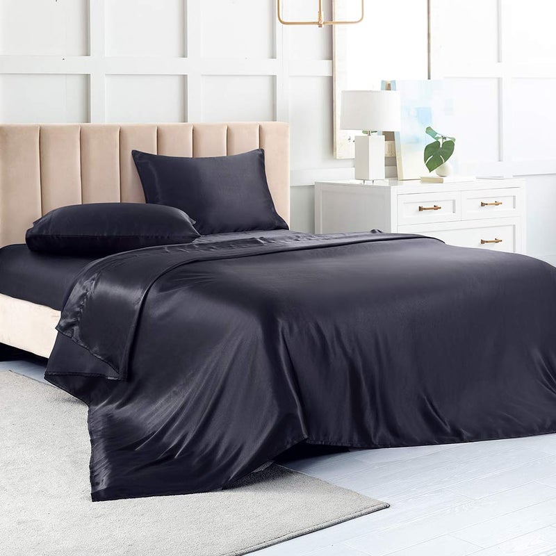 Luxbedding Satin Bed Sheets Full Size Sheet Sets, Black Silk Sheets, 4 - Pieces Soft Bedding Set with 1 Deep Pocket Fitted Sheet,1 Flat Sheet,2 Pillowcase - Image 1