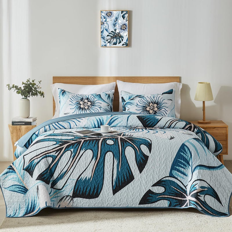Yogeneg Queen Quilt Bedding Set,White Green Botanical Pattern Light Blue Full/Queen Quilt Set,3 Piece Lightweight Soft Summer Bedspread Coverlet with 2 PIillow Shams,All Season(Light Blue,90"x96") - Image 1