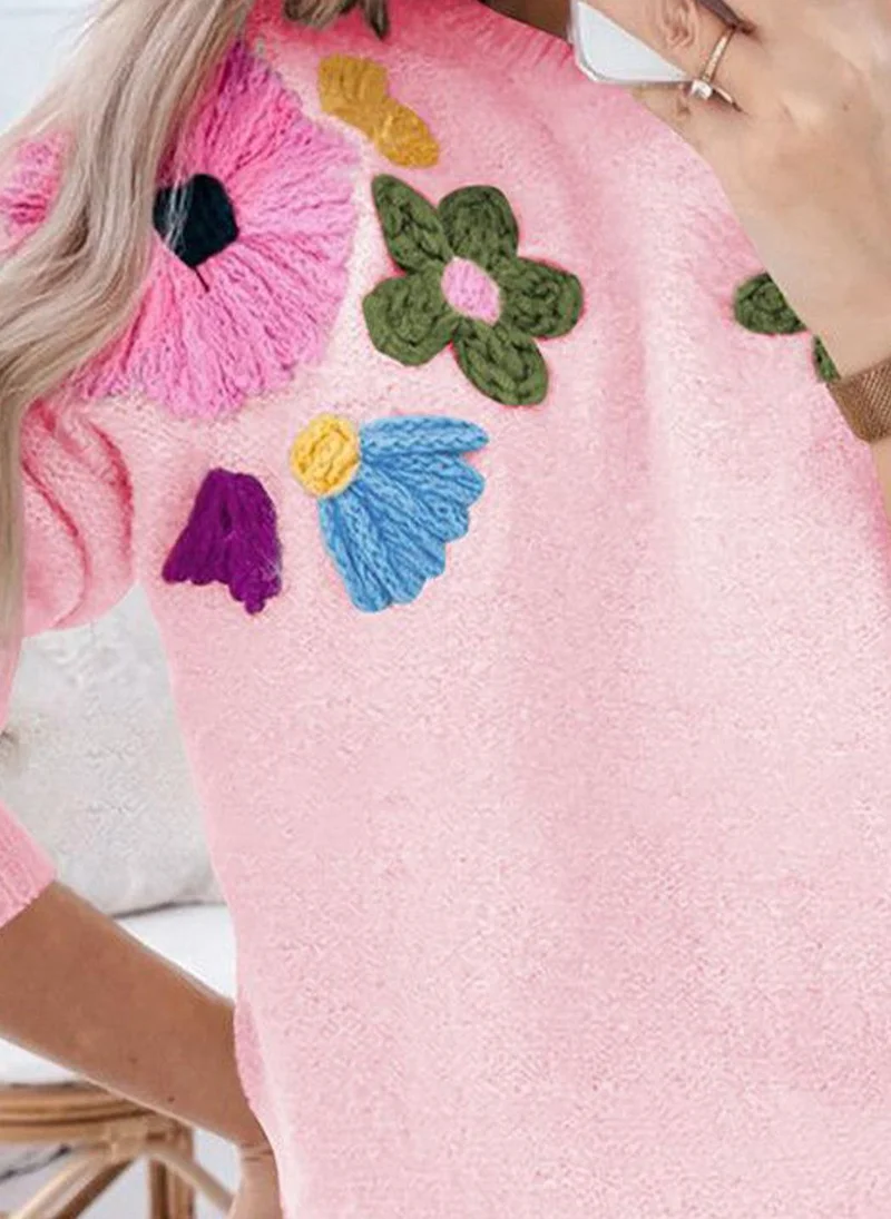 YUNIQEE Pink  Floral Embroidered Pullover Sweater