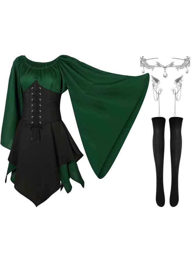 Haysandy 4 Pcs Women Elf Costume Renaissance Traditional Irish Dress Medieval Fairy Costume Elf Ears for Halloween Cosplay(X Large,Green, Black) - Image 1