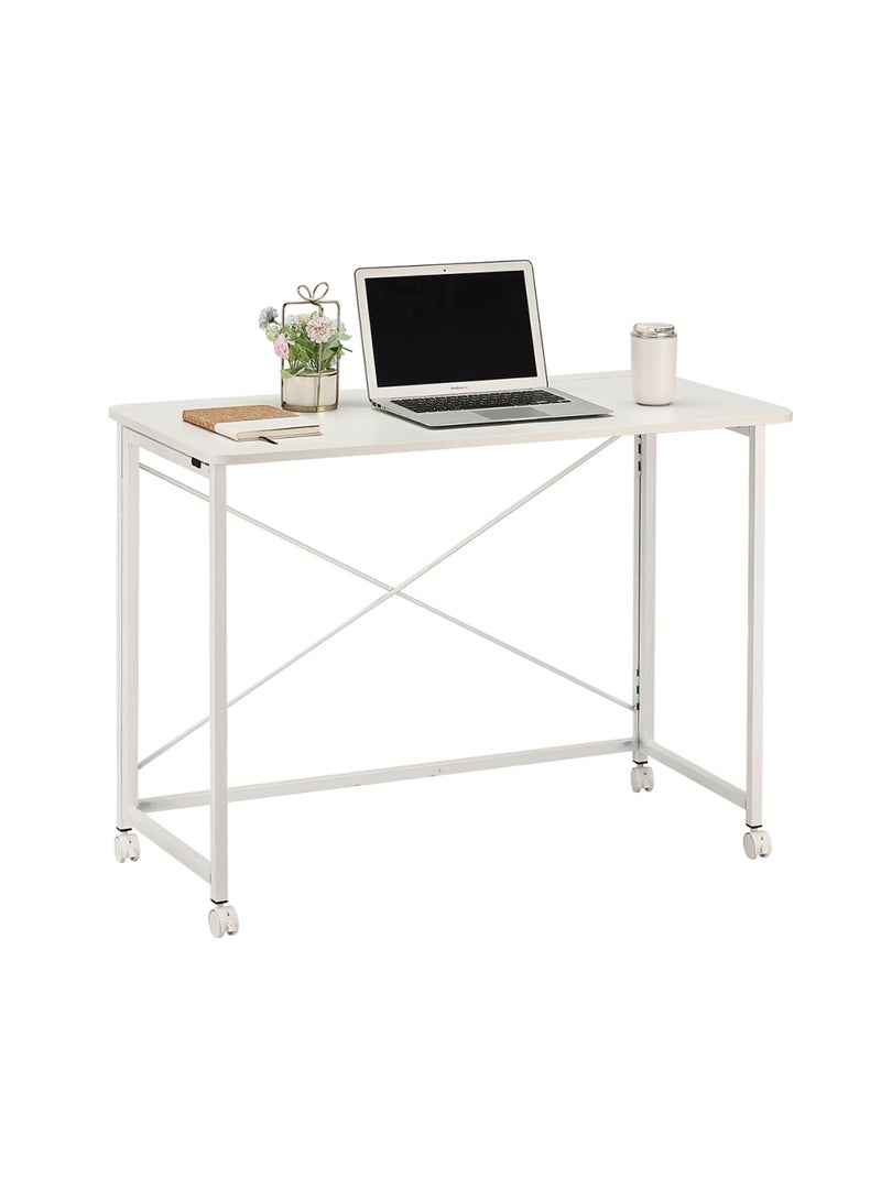 LAWAZIM Folding Table - 80x40x75cm White - Folding Computer Desk with Wooden Top, Iron Legs, Lockable Wheels, and X-Shaped Back - Ideal for Home Office, Study, Small Spaces, and Temporary Workstations - Image 2