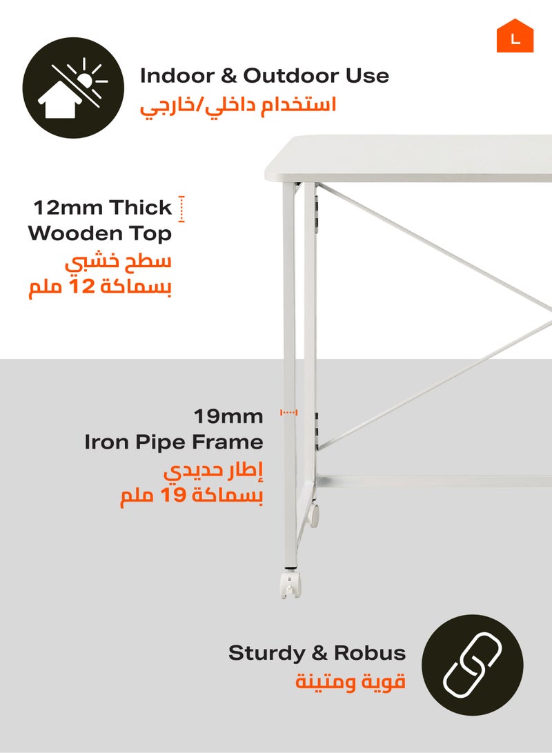 LAWAZIM Folding Table - 80x40x75cm White - Folding Computer Desk with Wooden Top, Iron Legs, Lockable Wheels, and X-Shaped Back - Ideal for Home Office, Study, Small Spaces, and Temporary Workstations - Image 4