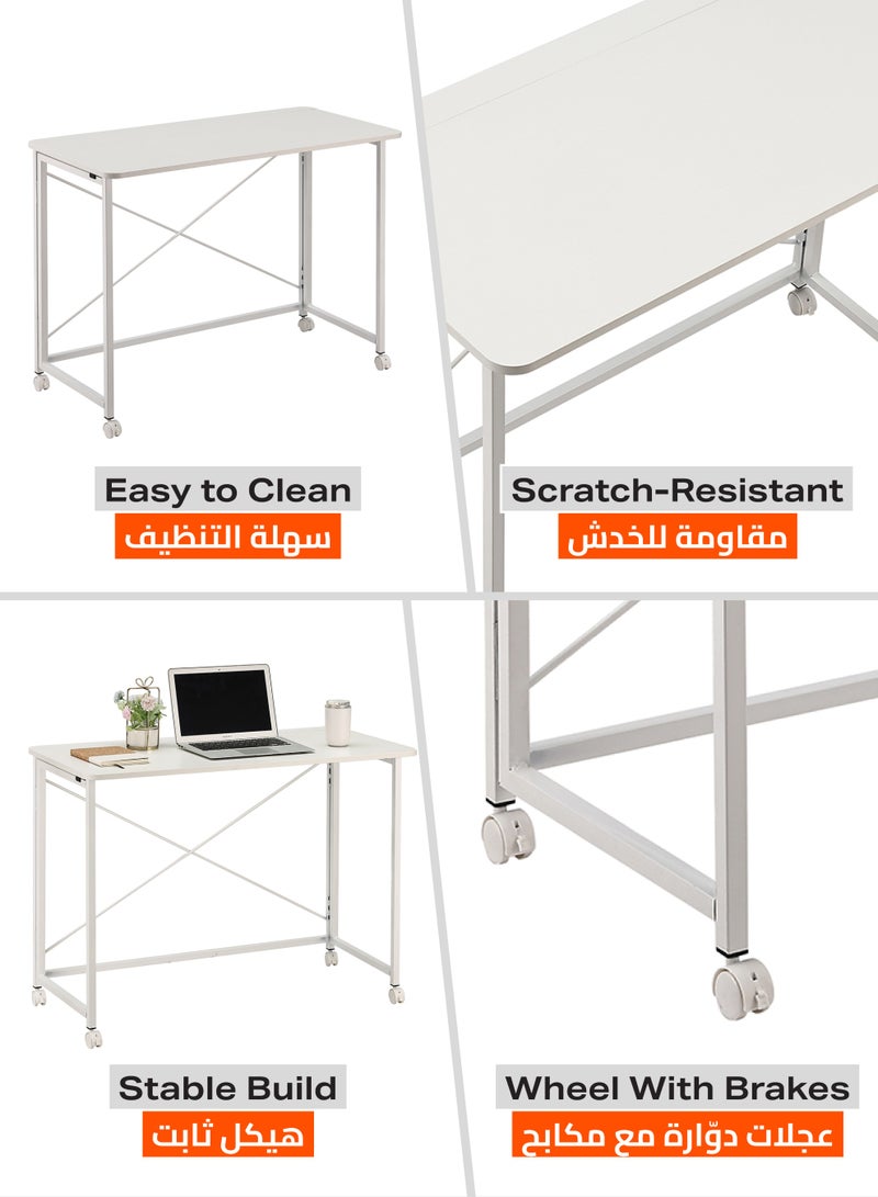 LAWAZIM Folding Table - 80x40x75cm White - Folding Computer Desk with Wooden Top, Iron Legs, Lockable Wheels, and X-Shaped Back - Ideal for Home Office, Study, Small Spaces, and Temporary Workstations - Image 5