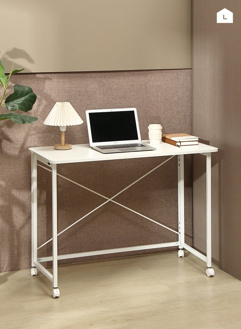 LAWAZIM Folding Table - 80x40x75cm White - Folding Computer Desk with Wooden Top, Iron Legs, Lockable Wheels, and X-Shaped Back - Ideal for Home Office, Study, Small Spaces, and Temporary Workstations - Image 1