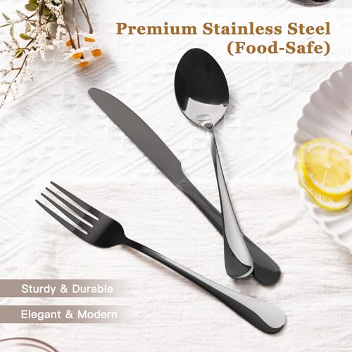 Astercook 24-Piece Black Silverware Set with Steak Knives Flatware Set for 4 Food-Grade Stainless Steel Cutlery Set Mirror Polished Utensils Set Include Spoons and Forks for Home Kitchen Restaurant - Image 3