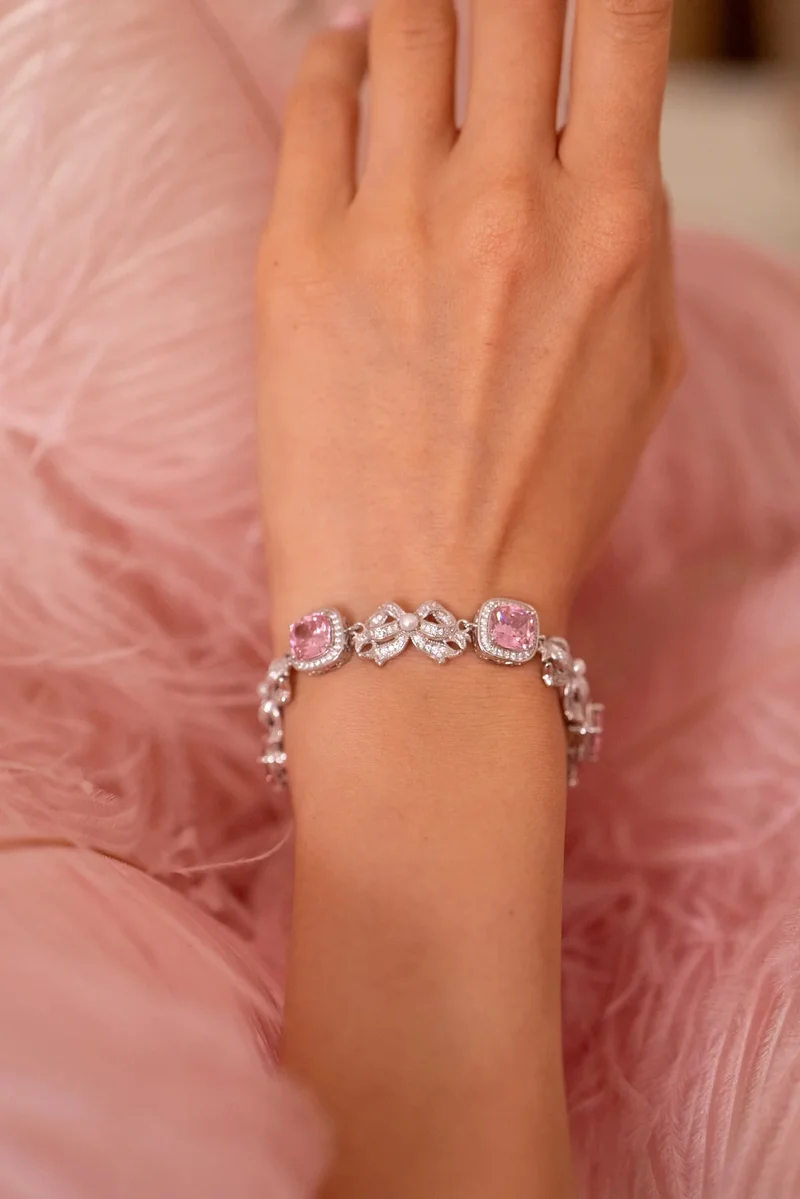 Santinni London Silver Marie Antoinette' Pink Cushion-Cut Crystal and Bow Silver Bracelet for Women | Best Price UAE
