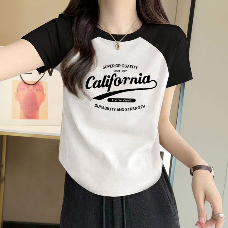 Color Matching Curved Hem Short-Sleeved T-Shirt Women'S Summer Short Design Sense Niche Printed Korean-Style All-Match Top Ins Trendy - Image 4