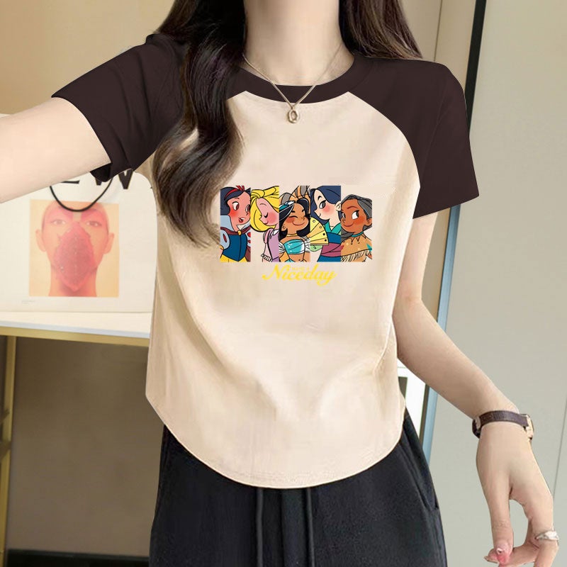 Color Matching Curved Hem Short-Sleeved T-Shirt Women'S Summer Short Design Sense Niche Printed Korean-Style All-Match Top Ins Trendy - Image 1
