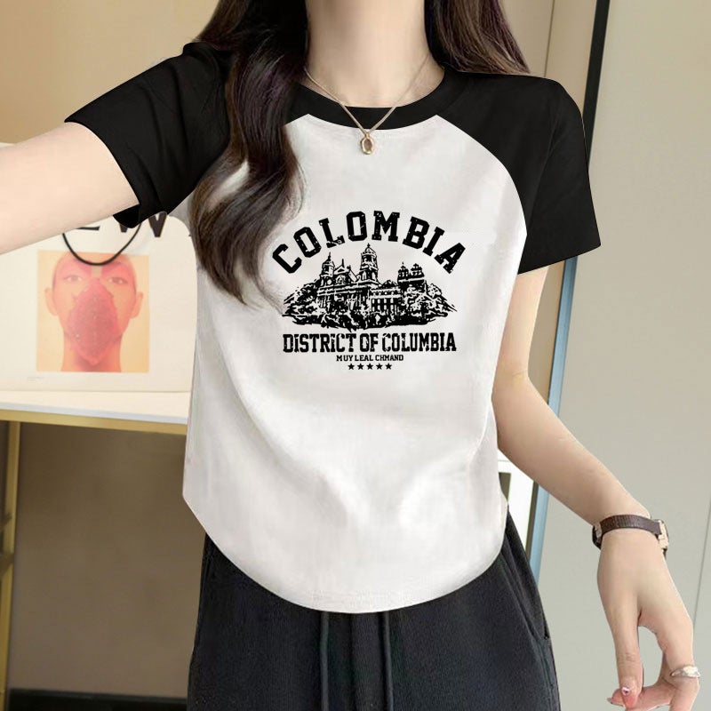 Color Matching Curved Hem Short-Sleeved T-Shirt Women'S Summer Short Design Sense Niche Printed Korean-Style All-Match Top Ins Trendy - Image 2