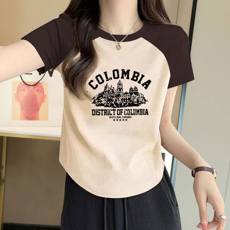 Color Matching Curved Hem Short-Sleeved T-Shirt Women'S Summer Short Design Sense Niche Printed Korean-Style All-Match Top Ins Trendy - Image 3