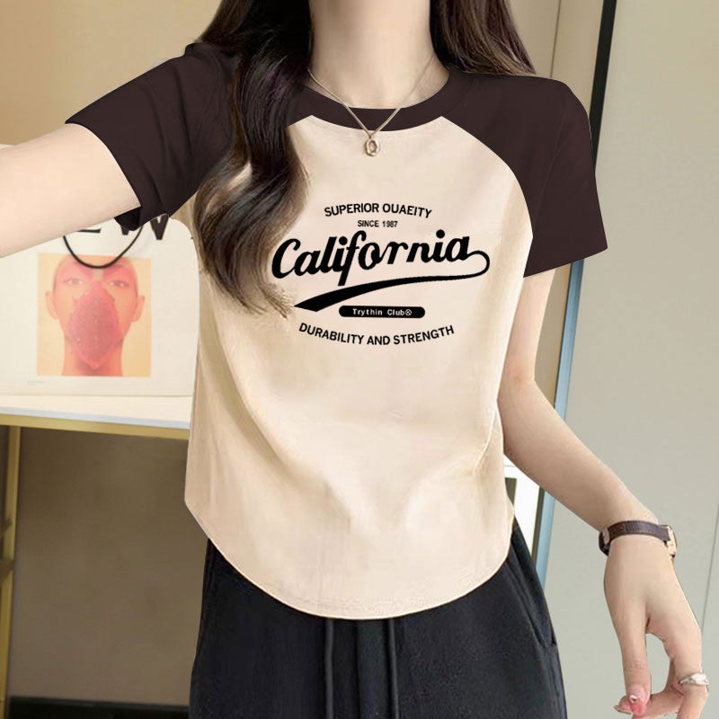Color Matching Curved Hem Short-Sleeved T-Shirt Women'S Summer Short Design Sense Niche Printed Korean-Style All-Match Top Ins Trendy - Image 5