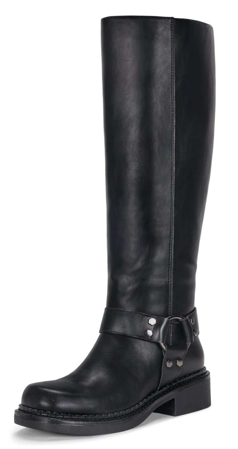 Vepose Women's Black Knee High Boots, Tall Riding Square Toe Chunky Low Heel Motorcycle Boots with Rivets, Dress Comfortable Fashion 9523 Biker Rave Boots with Zip, Size 8.5M US(CJY9523 Black 08.5) - Image 1