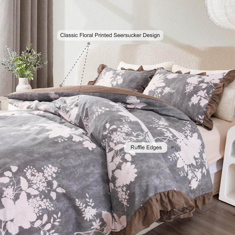 Oli Anderson 3 Piece Floral Comforter Set, Vintage Botanical Print Bedding Set, Farmhouse Lightweight Cottagecore Bed in a Bag with Ruffle Flowers Comforter (Brown, Queen) - Image 3