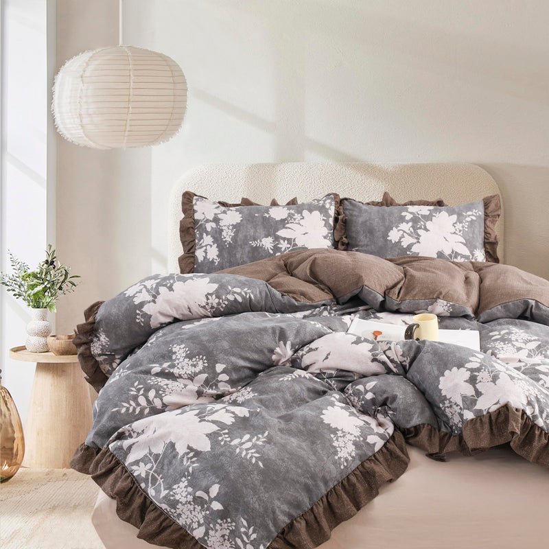 Oli Anderson 3 Piece Floral Comforter Set, Vintage Botanical Print Bedding Set, Farmhouse Lightweight Cottagecore Bed in a Bag with Ruffle Flowers Comforter (Brown, Queen) - Image 1
