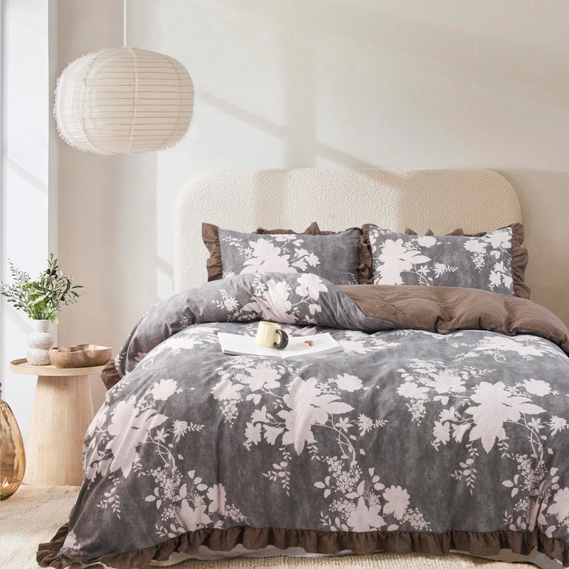Oli Anderson 3 Piece Floral Comforter Set, Vintage Botanical Print Bedding Set, Farmhouse Lightweight Cottagecore Bed in a Bag with Ruffle Flowers Comforter (Brown, Queen) - Image 2
