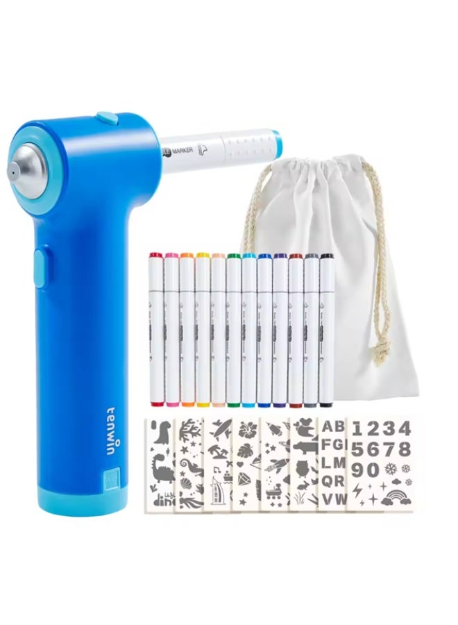 Tenwin Airbrush Marker Kit – Electric Spray Pen for DIY Art, 12 Dual-Tip Water-Based Marker Pens, 8 Airbrush Templates - Image 1