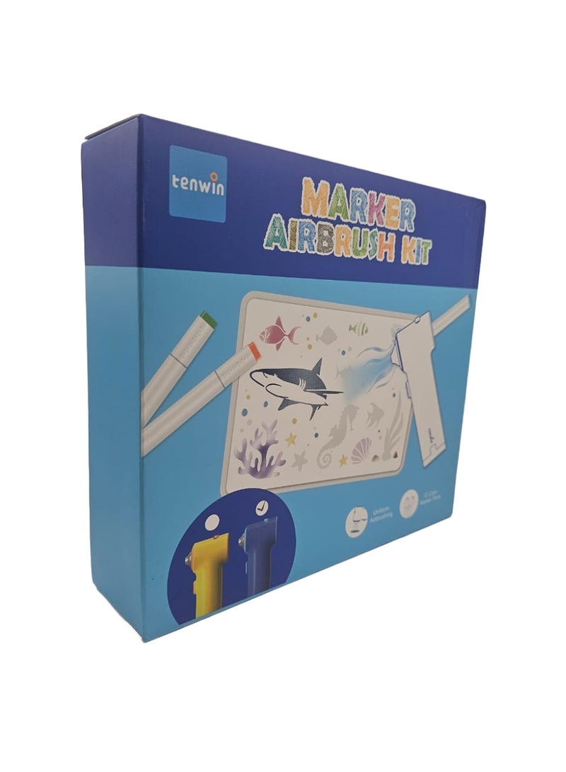 Tenwin Airbrush Marker Kit – Electric Spray Pen for DIY Art, 12 Dual-Tip Water-Based Marker Pens, 8 Airbrush Templates - Image 4