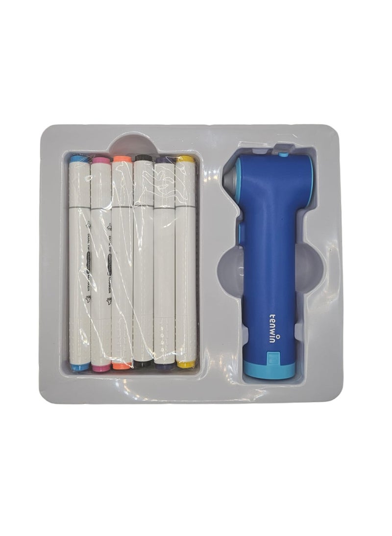Tenwin Airbrush Marker Kit – Electric Spray Pen for DIY Art, 12 Dual-Tip Water-Based Marker Pens, 8 Airbrush Templates - Image 5