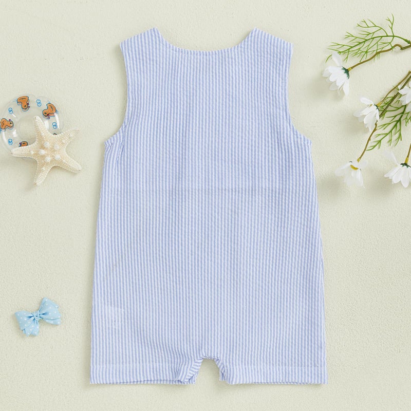 Arvbitana Newborn Baby Boys Sleeveless Seersucker Romper One Piece Straps Overalls Striped Jumpsuit Summer Smocked Clothes (A-Blue, 12-18 Months) - Image 3