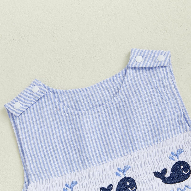 Arvbitana Newborn Baby Boys Sleeveless Seersucker Romper One Piece Straps Overalls Striped Jumpsuit Summer Smocked Clothes (A-Blue, 12-18 Months) - Image 4