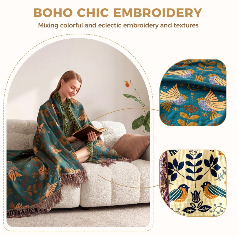 LUTBM Boho Throw Blanket for Couch 100% Cotton Soft Birds and Floral Double Embroidery Breathable Spring Throw Blankets,50"x60" All Season Reversible Throws for Sofa Chair Livingroom Home Decor - Image 5