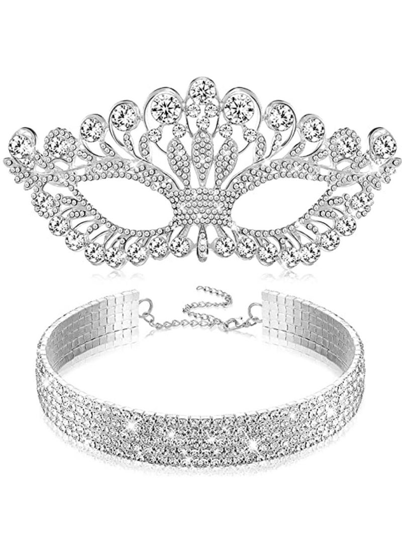 KASTWAVE Rhinestone Masquerade Mask and Choker Necklace Jewelry Set, Crystal Rhinestone Eye Mask Necklace for Women Costume Masquerade Party（2 Pcs） - Image 1