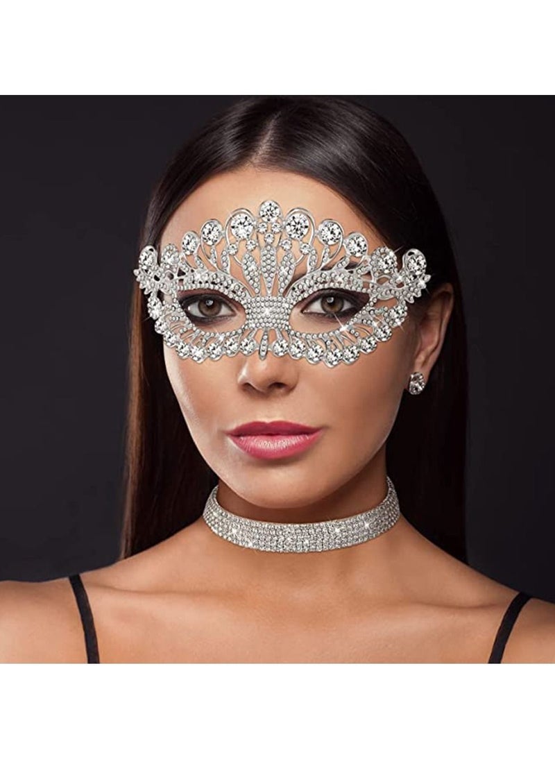 KASTWAVE Rhinestone Masquerade Mask and Choker Necklace Jewelry Set, Crystal Rhinestone Eye Mask Necklace for Women Costume Masquerade Party（2 Pcs） - Image 4