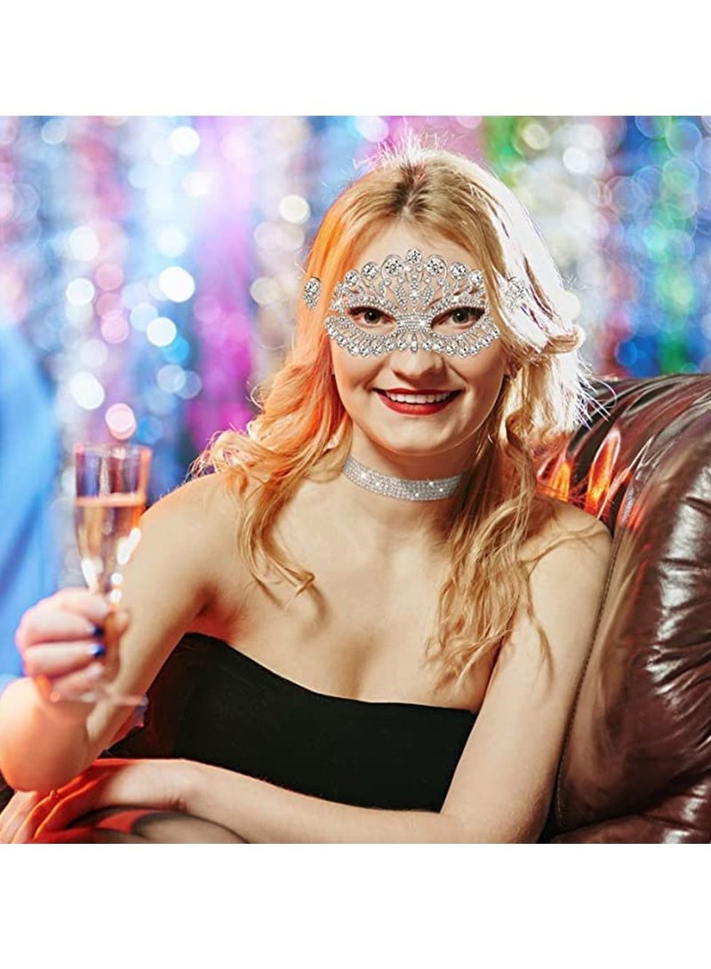 KASTWAVE Rhinestone Masquerade Mask and Choker Necklace Jewelry Set, Crystal Rhinestone Eye Mask Necklace for Women Costume Masquerade Party（2 Pcs） - Image 5