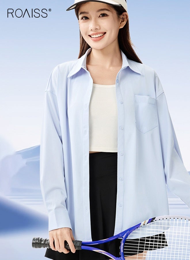 roaiss Women's Loose-Fitting Long-Sleeved Sun-Protective Shirt with Button-Down Collar, Solid Color, Suitable for Outdoor Sports Pocket Blue - Image 3