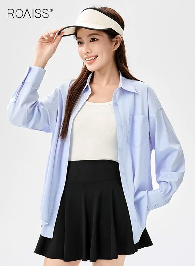 roaiss Women's Loose-Fitting Long-Sleeved Sun-Protective Shirt with Button-Down Collar, Solid Color, Suitable for Outdoor Sports Pocket Blue - Image 1