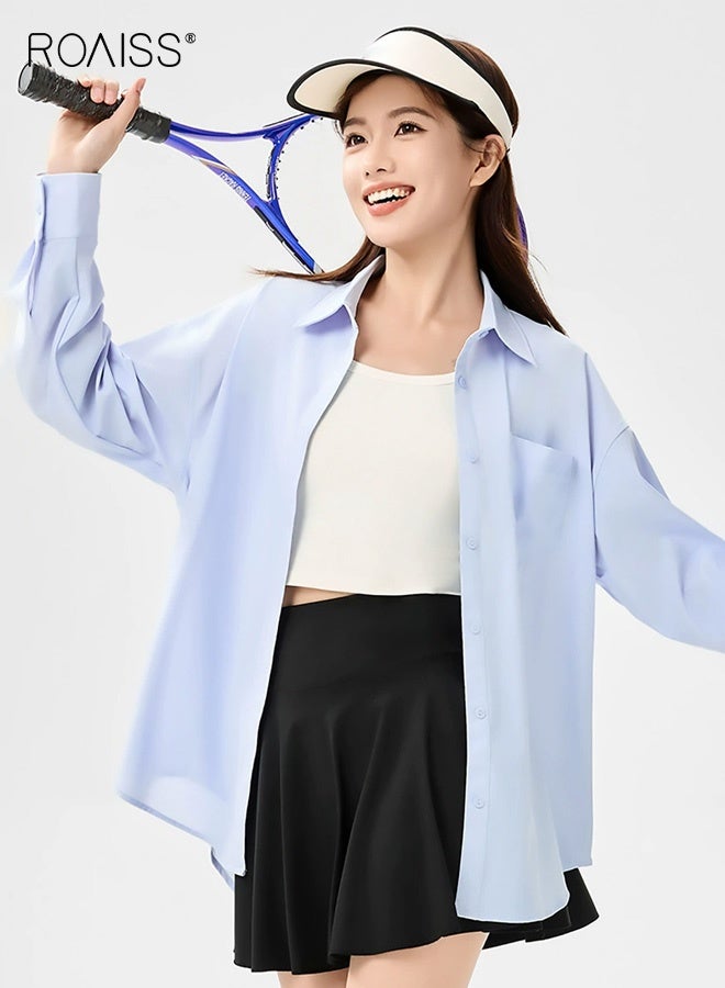 roaiss Women's Loose-Fitting Long-Sleeved Sun-Protective Shirt with Button-Down Collar, Solid Color, Suitable for Outdoor Sports Pocket Blue - Image 2