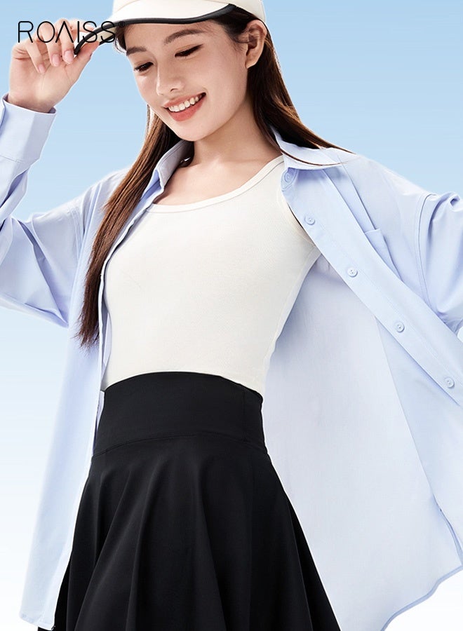 roaiss Women's Loose-Fitting Long-Sleeved Sun-Protective Shirt with Button-Down Collar, Solid Color, Suitable for Outdoor Sports Pocket Blue - Image 4