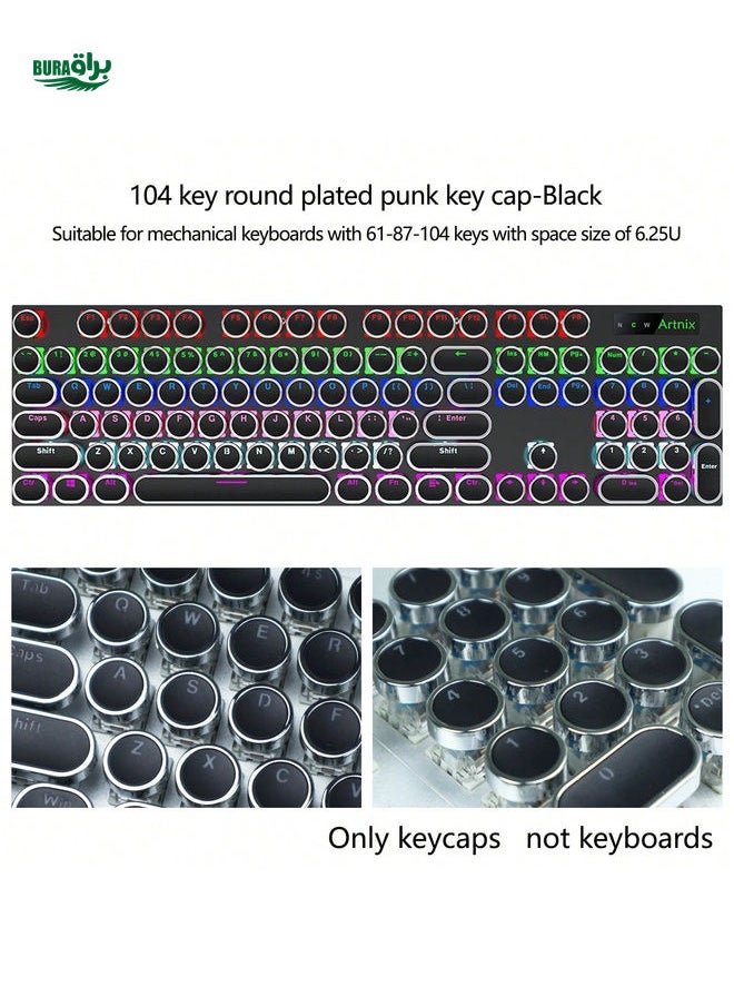 BURAQ - 104-Key Full Size Retro Steampunk Typewriter-Style Round Electroplated Keycaps, Black/White/Pink/Blue/Lipstick Red Translucent Legends, Compatible With MX Switches, 6.25U Space Bar, For 61/87/104/108 Keys Mechanical Keyboards, Keycap Puller Tool Included (Keycaps Only, Keyboard Not Included) - Image 1