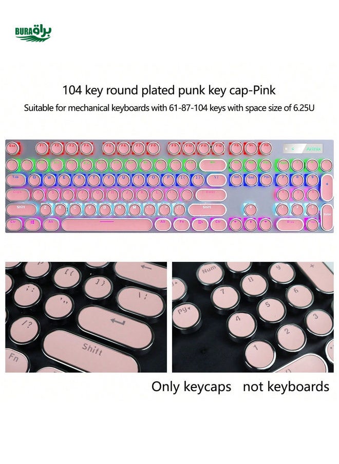 BURAQ - 104-Key Full Size Retro Steampunk Typewriter-Style Round Electroplated Keycaps, Black/White/Pink/Blue/Lipstick Red Translucent Legends, Compatible With MX Switches, 6.25U Space Bar, For 61/87/104/108 Keys Mechanical Keyboards, Keycap Puller Tool Included (Keycaps Only, Keyboard Not Included) - Image 1