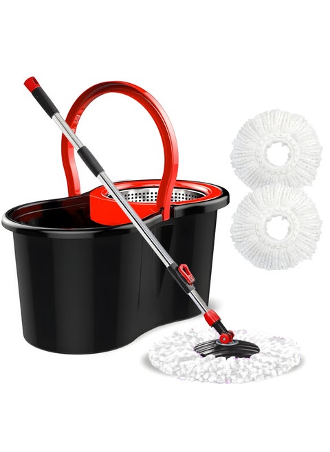 Spin Mop and Bucket Set Floor Cleaning Mop With Extra Super Absorbent Reusable Mop Head Wringer 360° Spinning Mop with Stainless Steel Extended Handle With 6L Mop Bucket Black