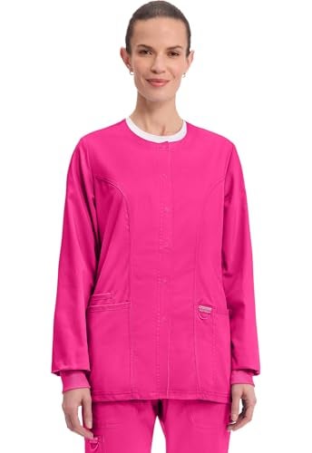 Cherokee Womens Scrub Jacket Nurse Snap Front Medical Uniform with Pockets, 2-Way Stretch, Easy Care Soft Fabric - WW310, XL, Electric Pink - Image 1