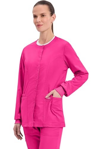 Cherokee Womens Scrub Jacket Nurse Snap Front Medical Uniform with Pockets, 2-Way Stretch, Easy Care Soft Fabric - WW310, XL, Electric Pink - Image 3