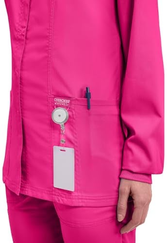 Cherokee Womens Scrub Jacket Nurse Snap Front Medical Uniform with Pockets, 2-Way Stretch, Easy Care Soft Fabric - WW310, XL, Electric Pink - Image 2