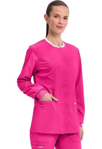 Cherokee Womens Scrub Jacket Nurse Snap Front Medical Uniform with Pockets, 2-Way Stretch, Easy Care Soft Fabric - WW310, XL, Electric Pink - Image 5