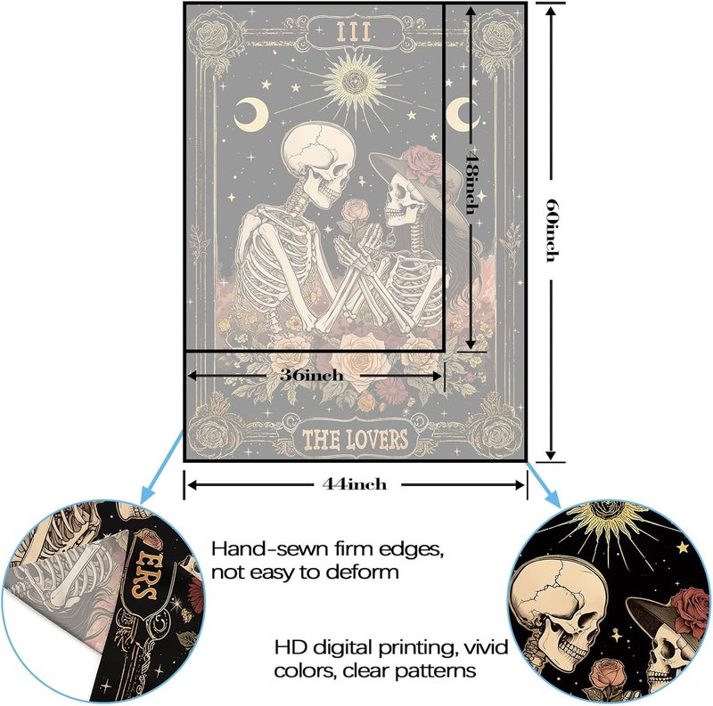 Kanuyee The Lovers Skeleton Tapestry for Bedroom Wall Hanging Moon and Floral Design Tapestries for Living Room Decor 44 x 60 Inch Black and Rose - Image 5