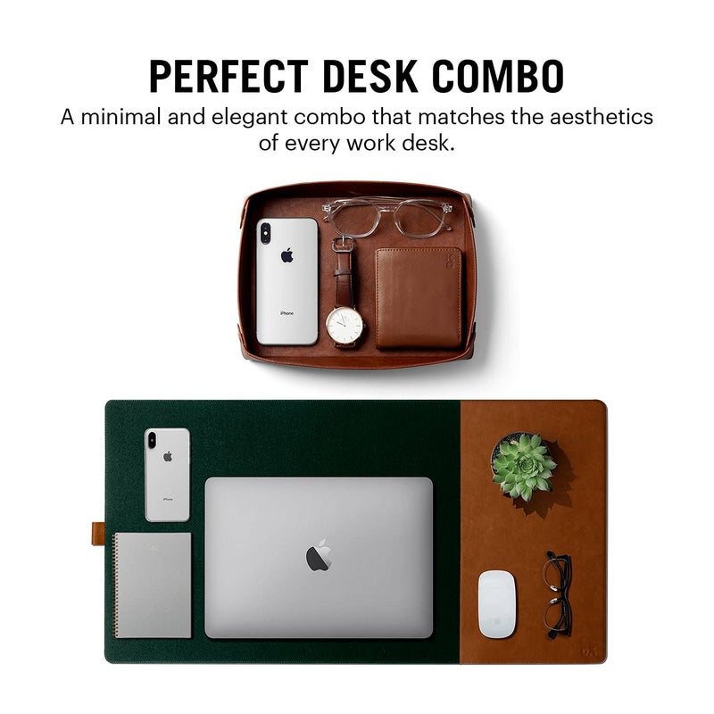 Daily Objects Combo Super Smooth Tan Large Premium Vegan Leather Reversible, Water Resistent Turf Desk Mat | Anti-Skid | Anti-Slip | 85 * 45 cm | Vegan Leather Green-Tan Desk Tray Organiser - Set of 2 - Image 2