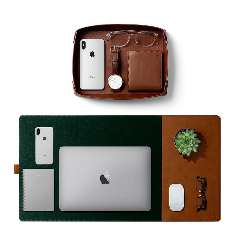 Daily Objects Combo Super Smooth Tan Large Premium Vegan Leather Reversible, Water Resistent Turf Desk Mat | Anti-Skid | Anti-Slip | 85 * 45 cm | Vegan Leather Green-Tan Desk Tray Organiser - Set of 2 - Image 1