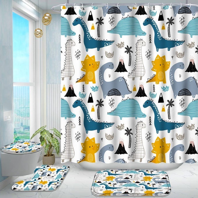 4 PCS BATHROOM SHOWER CURTAIN SETKIDS BATHROOM SETSHOWER CURTAIN SETS WITH RUGSBATH MATU SHAPE AND TOILET LID COVER MAT AND 12 HOOKSGREY CARTOON DINOSAUR STYLE