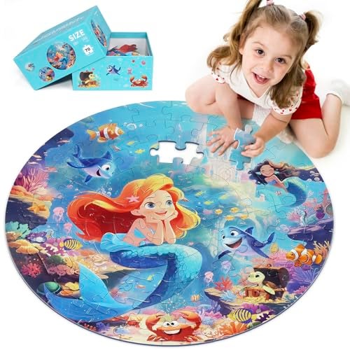 DIGOBAY Floor Puzzles for Kids Ages 35 70 Pieces Mermaid Jigsaw Puzzle for Toddler Girls Ages 3 4 5 6 7 8 Year Old Large Round Underwater Princess Puzzle Educational Learning Toys Birthday Gift - Image 1