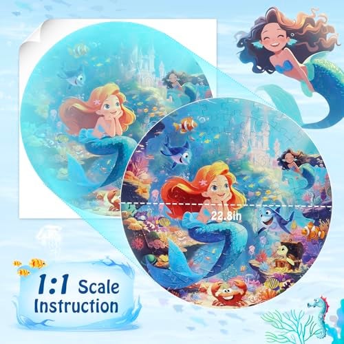 DIGOBAY Floor Puzzles for Kids Ages 35 70 Pieces Mermaid Jigsaw Puzzle for Toddler Girls Ages 3 4 5 6 7 8 Year Old Large Round Underwater Princess Puzzle Educational Learning Toys Birthday Gift - Image 5