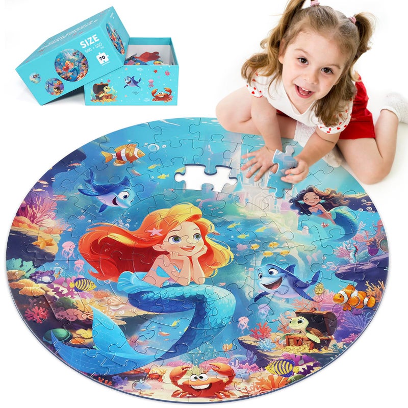 DIGOBAY Floor Puzzles for Kids Ages 35 70 Pieces Mermaid Jigsaw Puzzle for Toddler Girls Ages 3 4 5 6 7 8 Year Old Large Round Underwater Princess Puzzle Educational Learning Toys Birthday Gift - Image 3