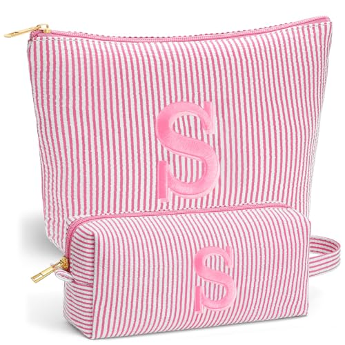 Fohufo Travel Makeup Bag for Girls - Personalized Initial Pink Makeup Bag, Teen Girl Gifts Trendy Stuff, 6 7 8 9 10 11 12 Year Girl Birthday Gift, Christmas Gift for Girls Travel Essentials, Letter S - Image 1